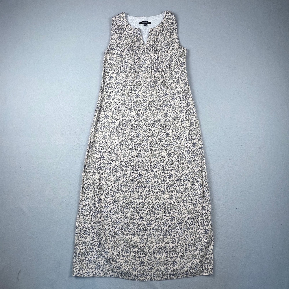 Chadwicks Maxi Dress Womens SMT Cream Blue Floral Linen Blend Pintuck Sleeveless